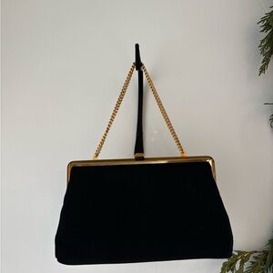 Vintage Verdi Black Satin Evening Handbag Clutch w Gold Chain